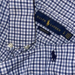 Polo Ralph Lauren Short Sleeve Button Down Oxford Men's Large White Blue Plaid